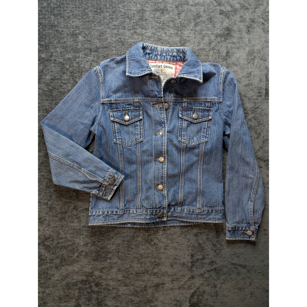 Comfort Denim Blue Denim Jacket Pink Plaid Lining Women's Small Cute Y2K Casual
